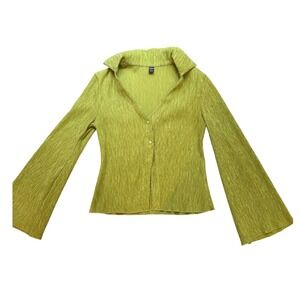 SHEIN Textured Collared Long Bell Sleeve Button Up Top Lime Green Women's L